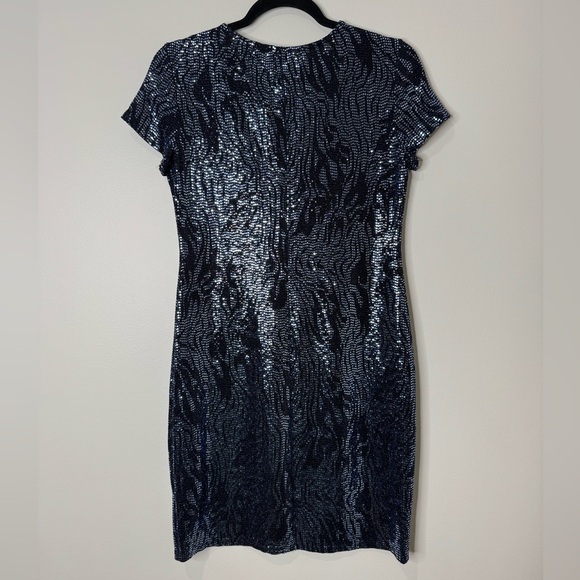 Y2K Bebe Metallic Embellished Zebra Print Short Sleeve Bodycon Dress Blue Black - Picture 9 of 11